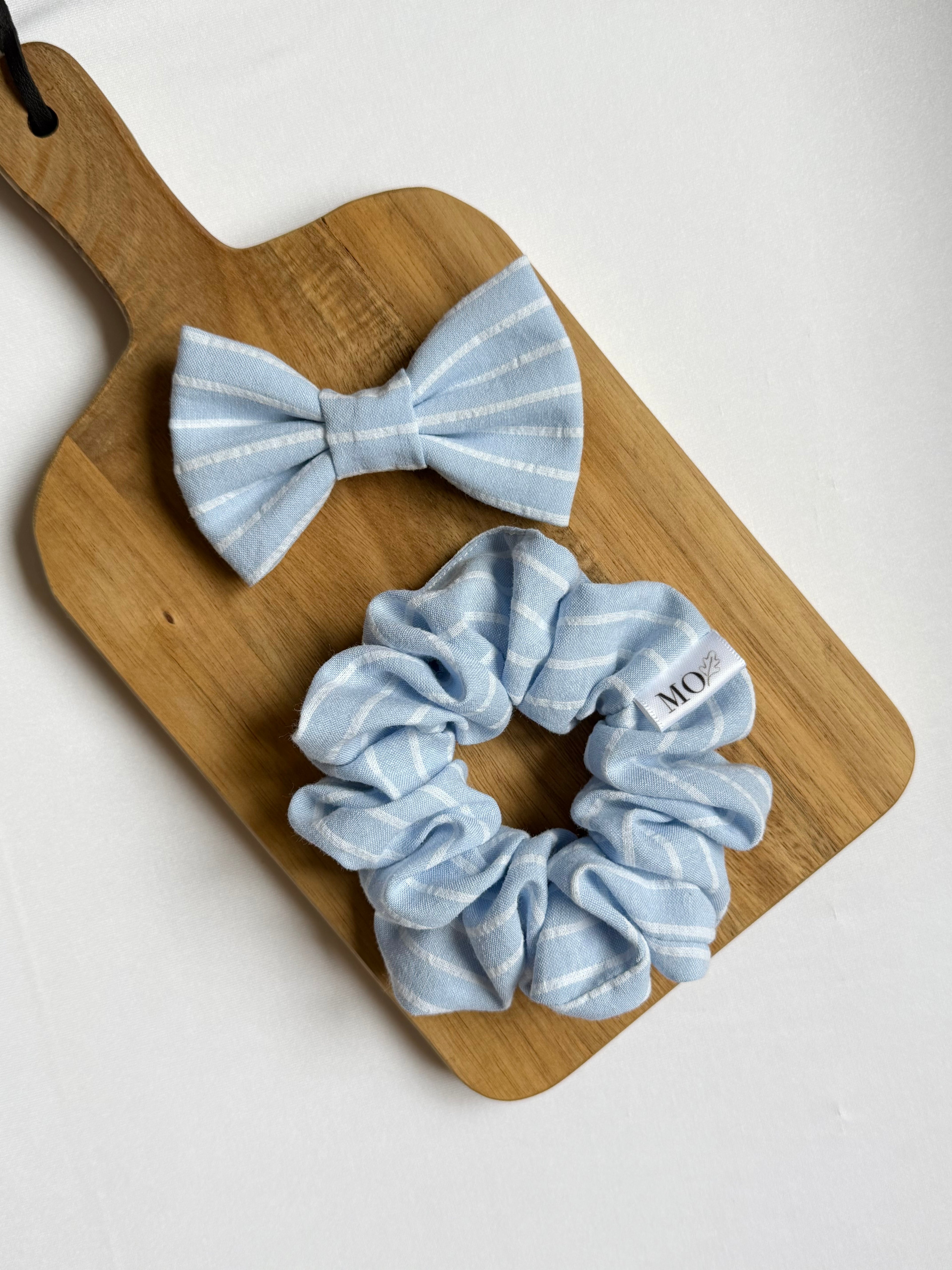 Set of Two | Sky Blue Striped Dog Bow & Scrunchie