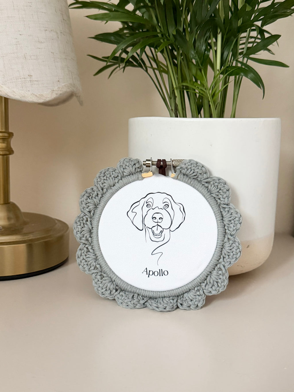 Mini Custom Pet Illustration Hoop with crochet border | Minimalist Wall Art