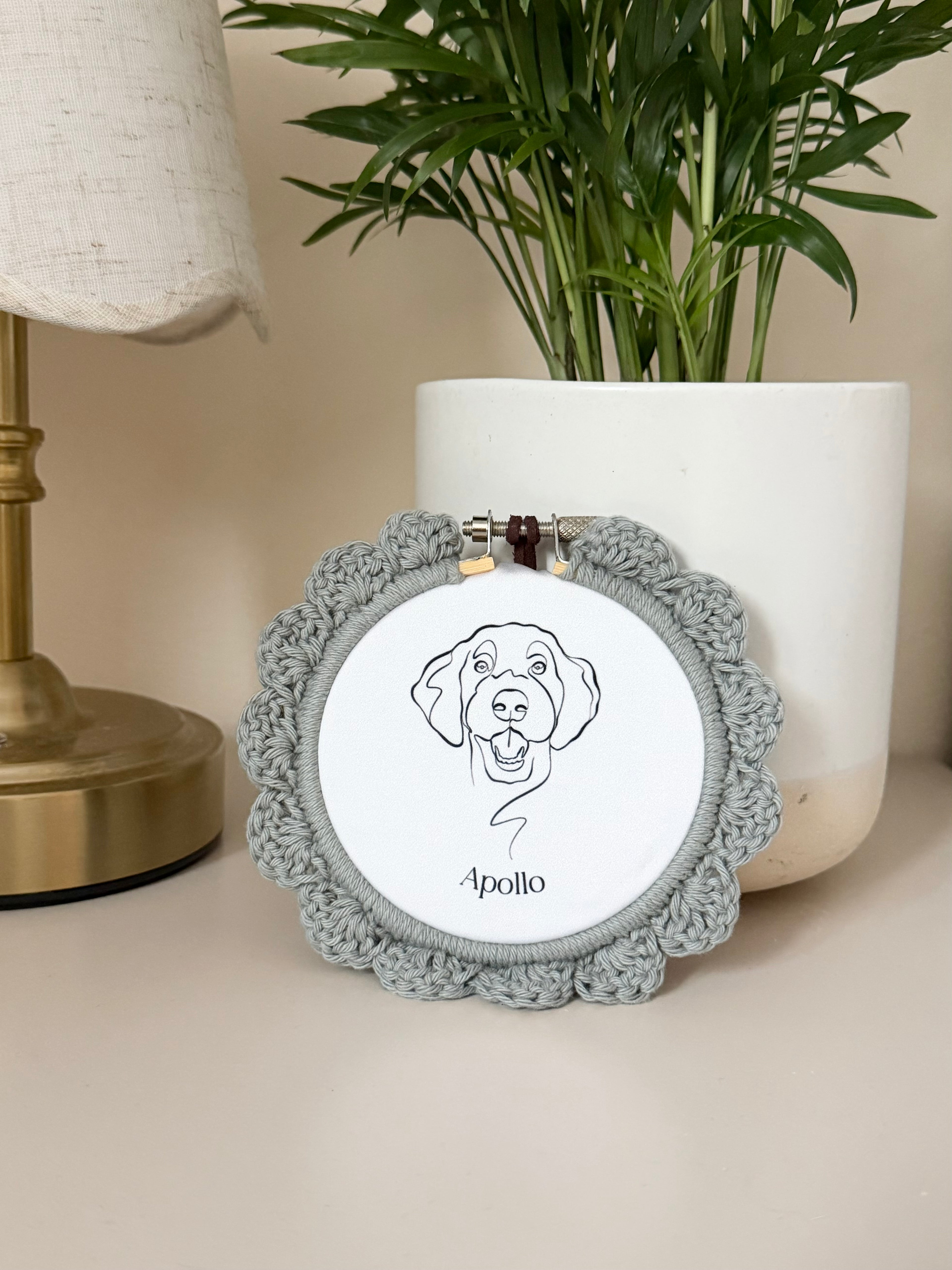 Mini Custom Pet Illustration Hoop with crochet boarder | Minimalist Wall Art