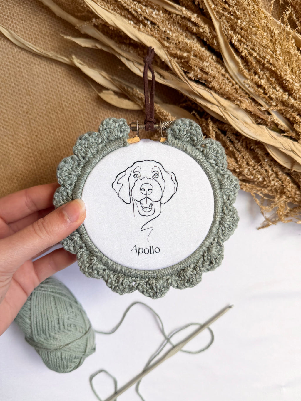 Mini Custom Pet Illustration Hoop with crochet border | Minimalist Wall Art