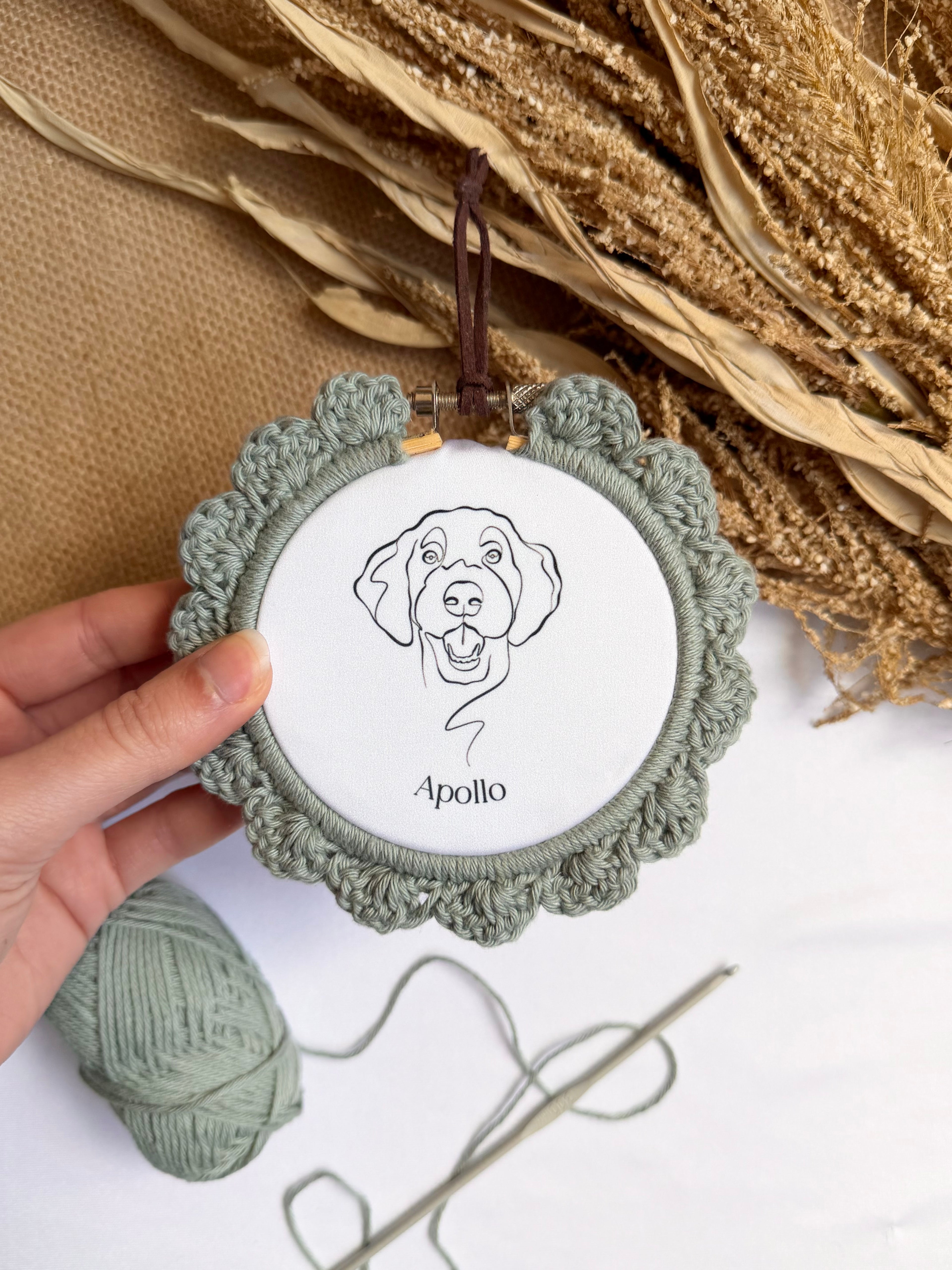 Mini Custom Pet Illustration Hoop with crochet boarder | Minimalist Wall Art