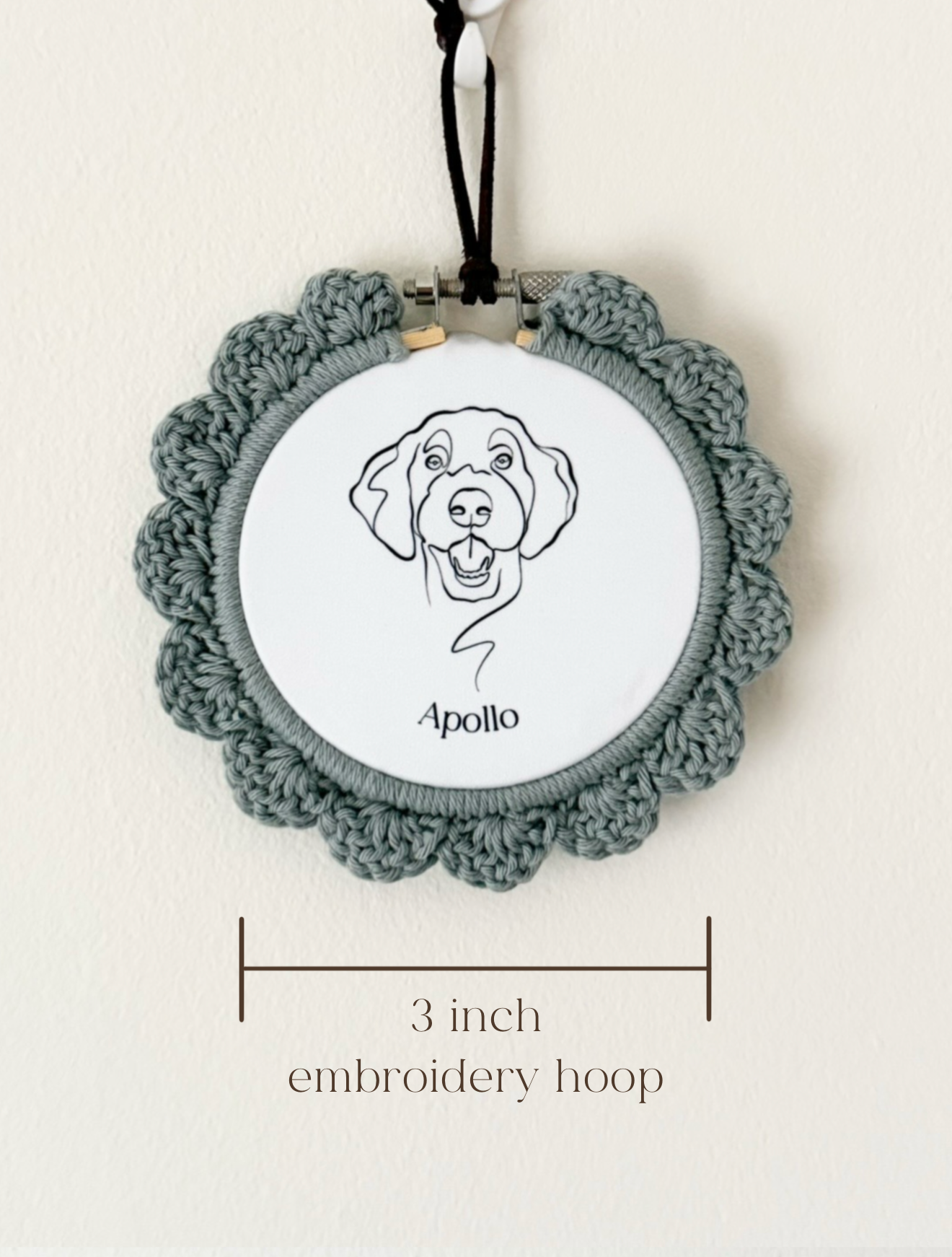 Mini Custom Pet Illustration Hoop with crochet boarder | Minimalist Wall Art