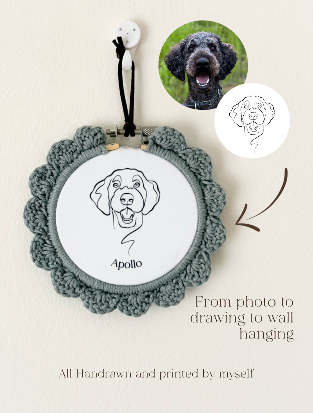 Mini Custom Pet Illustration Hoop with crochet border | Minimalist Wall Art
