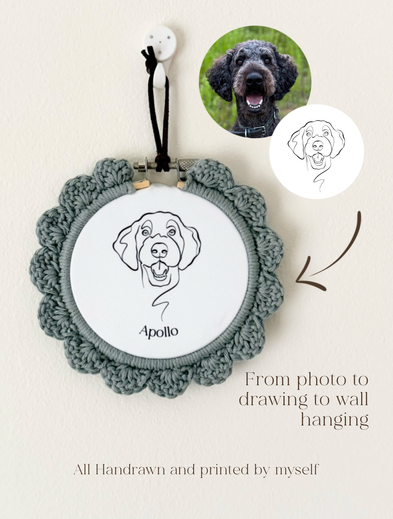 Mini Custom Pet Illustration Hoop with crochet boarder | Minimalist Wall Art
